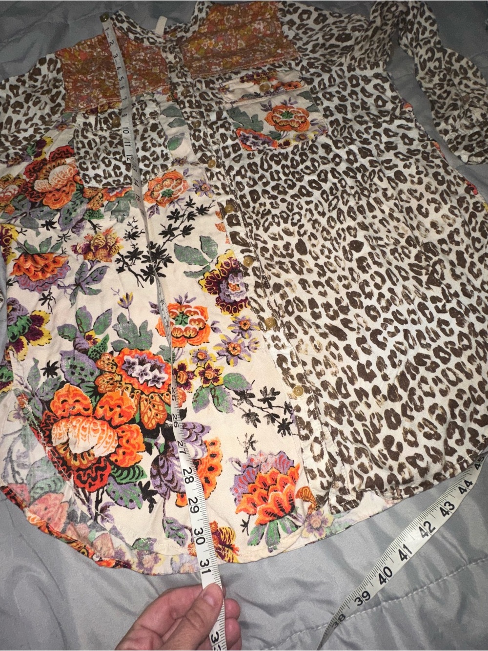 Anthropologie Pilcro Sz L Patchwork Button Up Blouse Floral Leopard Oversized - Picture 13 of 15